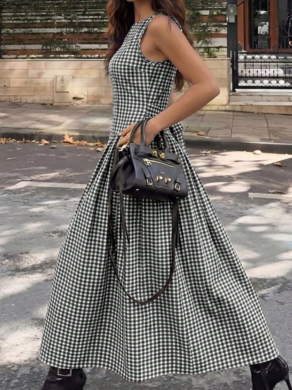 Black and White Elegant Women's Knot Ruched Zipper Plaid A-Line Midi Dress - Picture 2 of 3